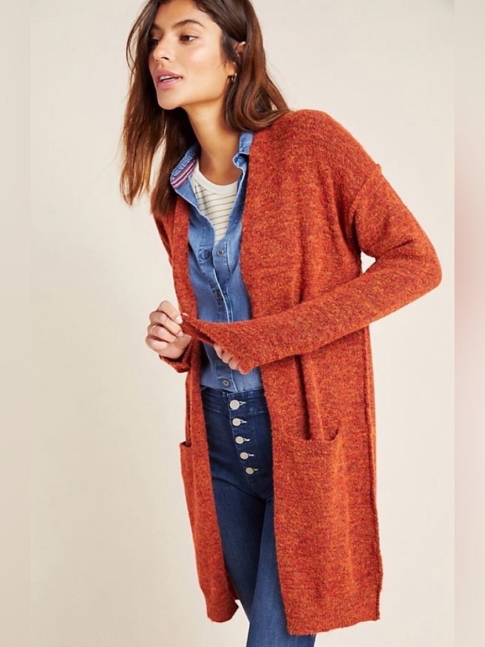 Anthropologie Jolie Burnt Orange Wool Blend Long Cardigan Sz M